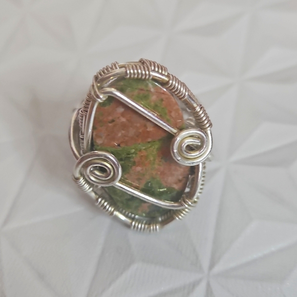 Unakite Gemstone Ring Wrapped In Silver Wire, Sz 8 - Picture 5 of 5